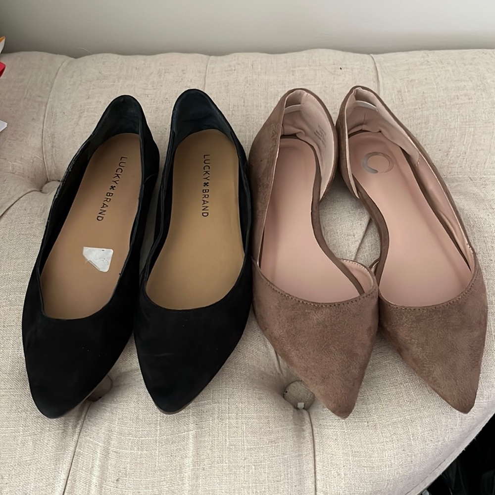 2 pairs for $15! Gently used suede flats - black and tan - Sz 6